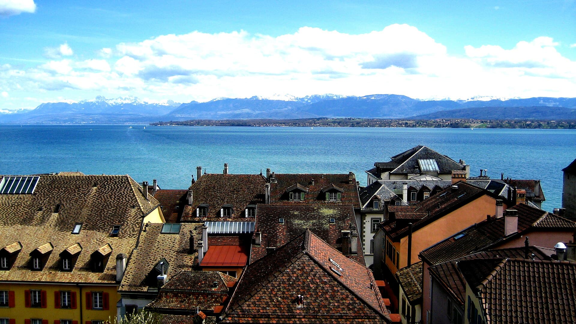 Rooftops of Nyon above Lake Geneva with the Alps, near Clinique La Métairie